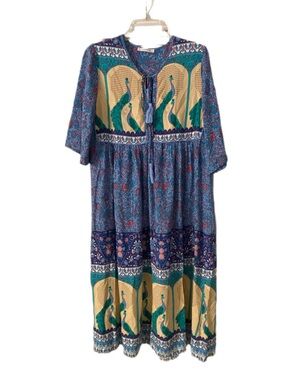 R Vivimos Colorful Blue Peacock Maxi Dress Size Large